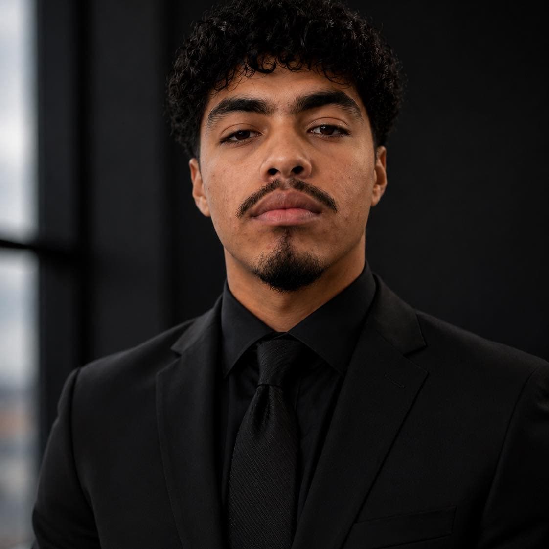 Serious young man with curly hair, mustache, and goatee wearing a black suit and tie.